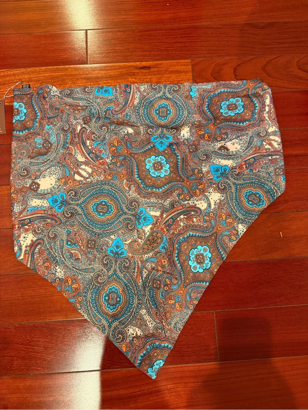 Red Paisley Handkerchief Scarf with Blue Paisley Accent and Beaded Detail